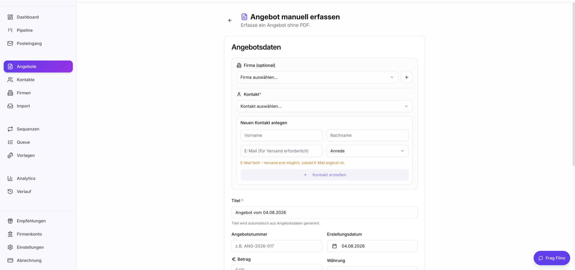 Screenshot: Formular „Neues Angebot" mit Firmen- und Kontaktauswahl