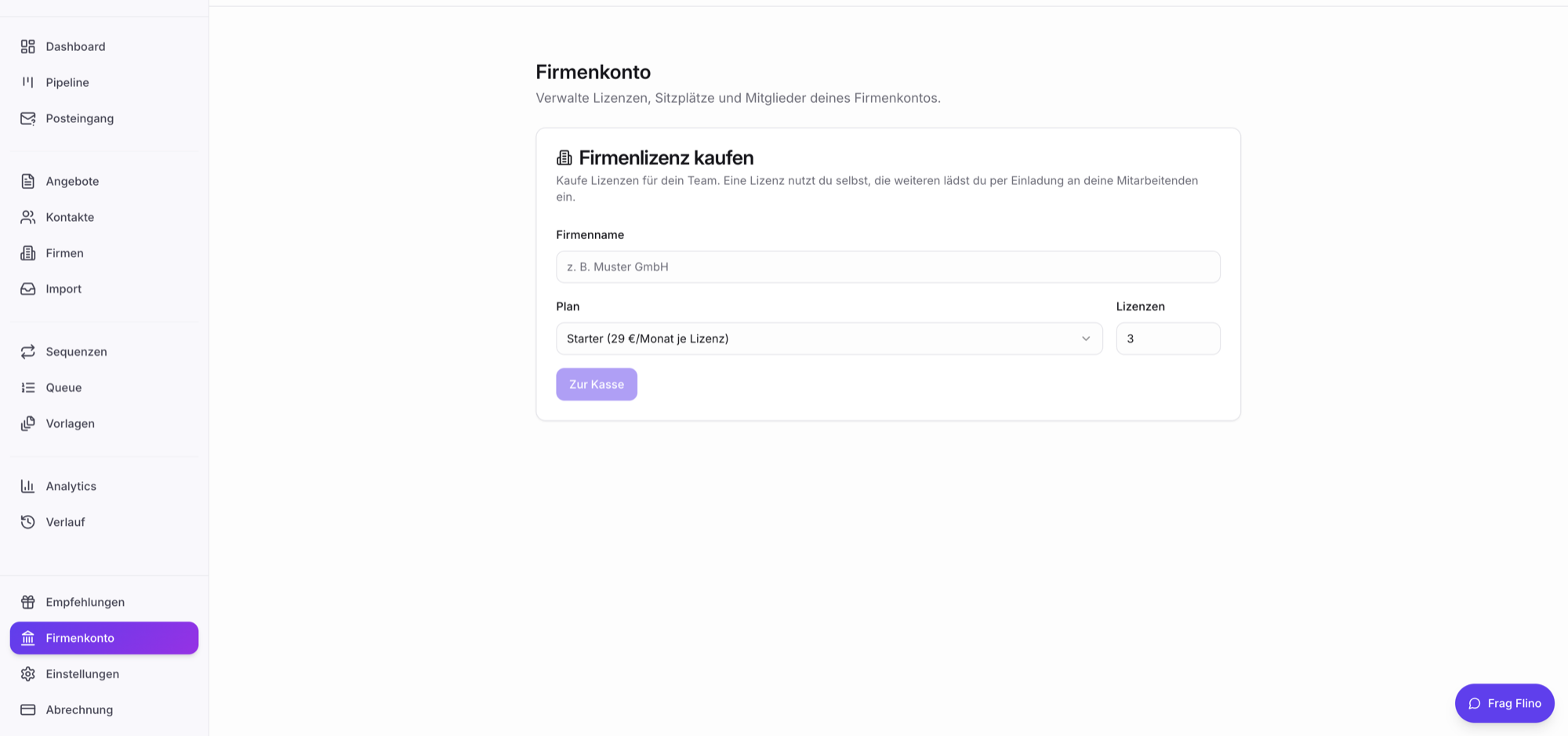 Screenshot: Firmenkonto-Seite mit Kaufkarte und Sitzplatz-Übersicht